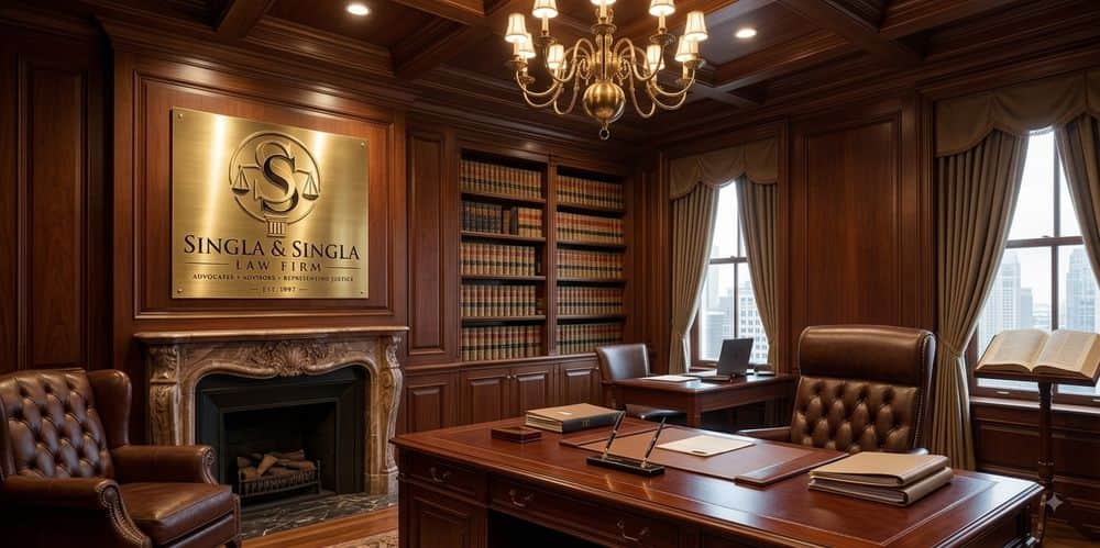 The firm's chambers: panelled walls with the Singla & Singla plaque above the fireplace, bound law reports on the shelves and the partner's desk beyond